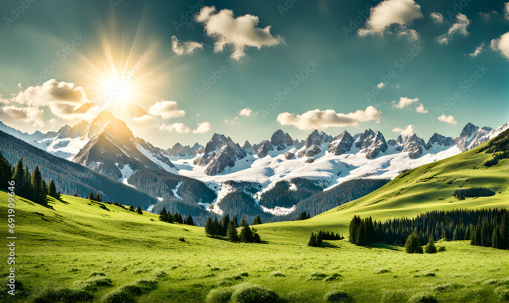 Scenic summer: Meadow with snowy mountains in background