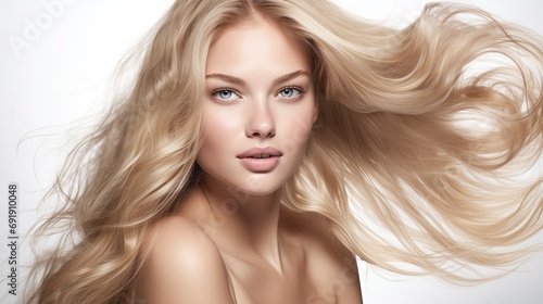 Closeup portrait of a beautiful young female model woman shaking her beautiful blonde hair in motion.