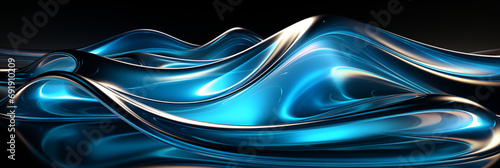 Wellenmotiv in blauen Chrom Farben als Hintergrundmotiv für Webdesign im Querformat für Banner, ai generativ