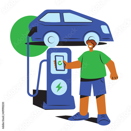Hispanic man contactless payment for EV charger illustration © KEEE