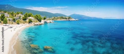 Aerial top view footage of crystal clear water beach of Seitani in the Aegean island Samos. Copy space image. Place for adding text