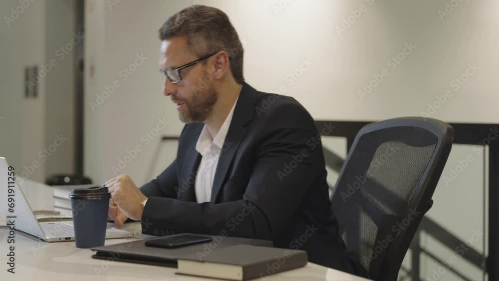 Businessman talk online in office. Man on meeting with laptop. Businessman worker talk on video conference. Businessman have video call meeting. Businessman chatting video on laptop. Business chat. Businessman talk online in office. Man on meeting with laptop. Businessman worker talk on video conference. Businessman have video call meeting. Businessman chatting video on laptop. Business chat.