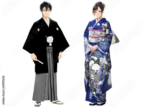 紋付き羽織と袴を着用した男性と振袖姿の女性（振袖青） photo