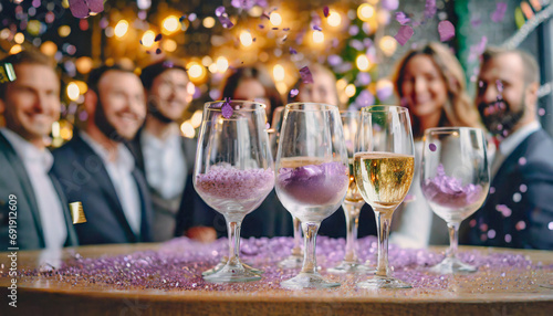 Noworoczna impreza, kieliszki na drewnianym stole skierowane w stronę fotografa