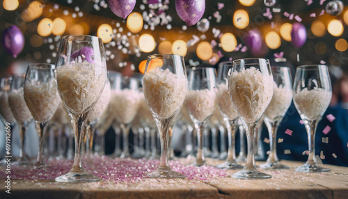 Noworoczna impreza, kieliszki na drewnianym stole skierowane w stronę fotografa