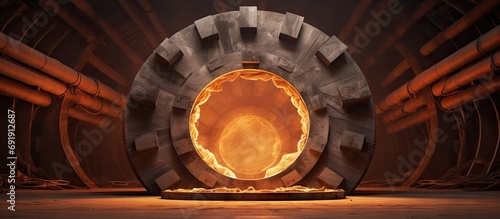 Combustion chamber of rotary furnace for roasting limestone. Copy space image. Place for adding text photo