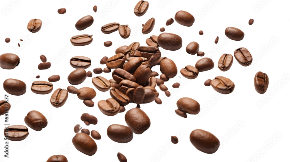Falling coffee beans 3D rendering isolated on white background. Generative AI. Falling coffee beans 3D rendering isolated on white background. Generative AI.