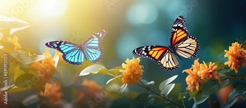 Colorful butterflies floating on red misty yellow flowers look very beautiful green nature around open sky shining sun around. Copy space image. Place for adding text