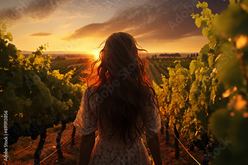 Back view of girl in dress walking through vineyard at sunset