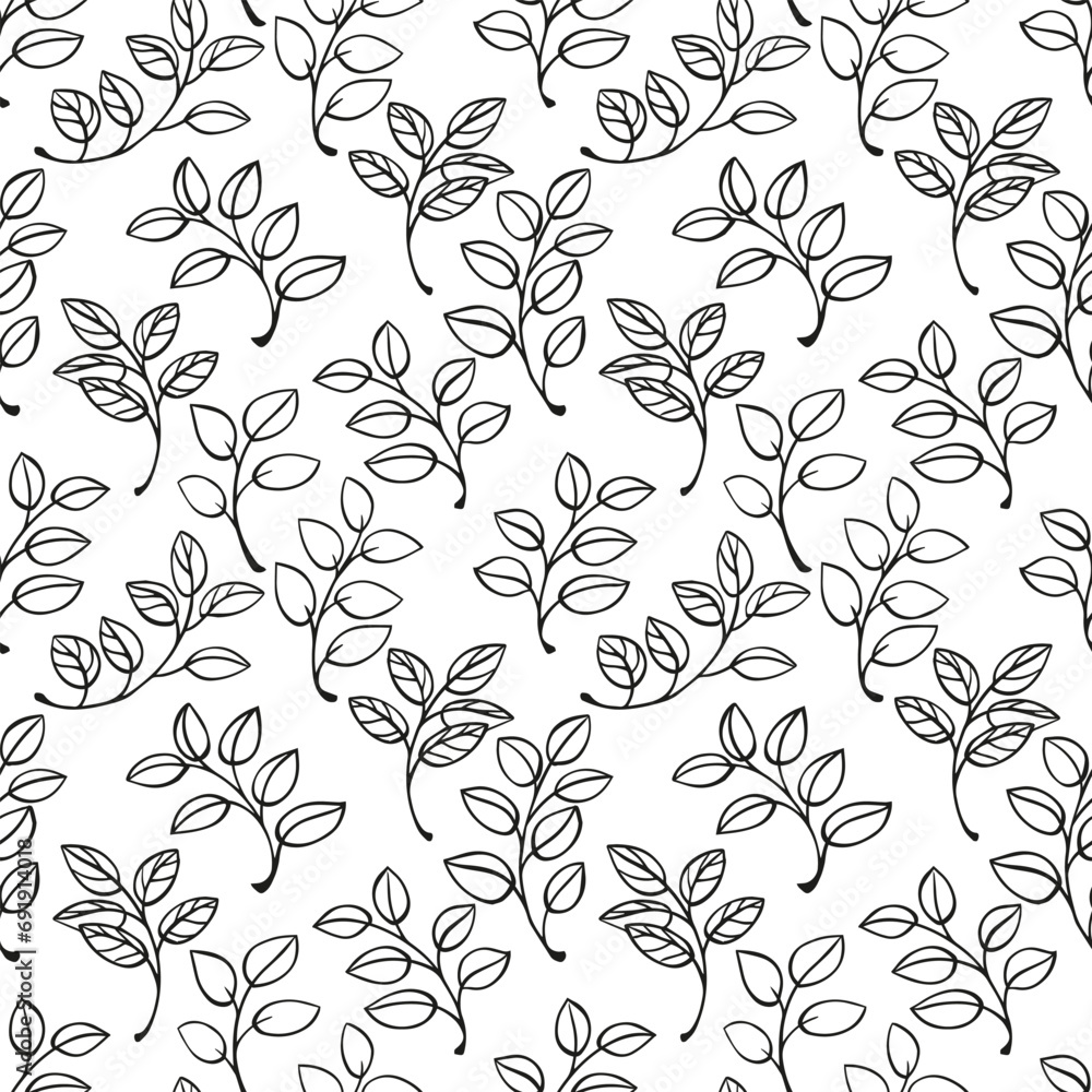 Vector hand drawn sketch doodle line branches leaves seamless pattern. Black and white texture print. Template for textile, fashion, print, surface design, fabric, interior decor, wallpaper