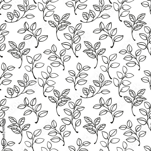 Vector hand drawn sketch doodle line branches leaves seamless pattern. Black and white texture print. Template for textile, fashion, print, surface design, fabric, interior decor, wallpaper