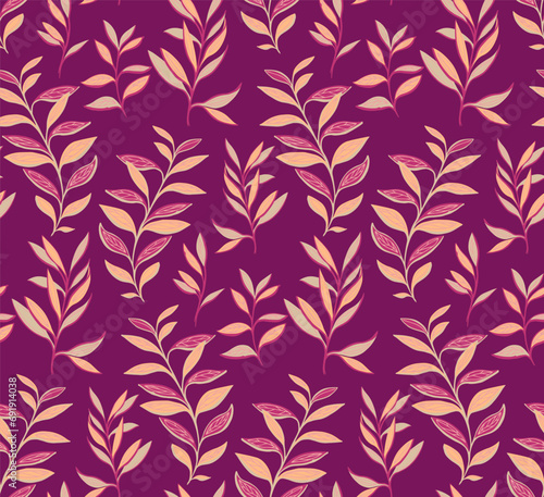 Seamless, abstract, modern, colorful, artistic leaves branches pattern. Vector hand drawn Leaf stems. Template for design, textile, fashion, print, surface design, fabric, indoor decor, wallpaper