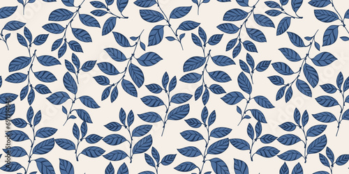 Vector hand drawn creative blue leaf stems seamless pattern. Artistic seamless background with abstract, modern, branches leaves. Template for design, textile, fashion, fabric, wallpaper