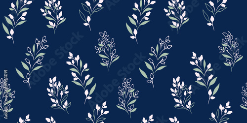 Stylized vector hand drawn sketch simple tiny branches  buds  leaves  drops  seamless pattern.  Artistic  gently retro floral blue dark print. Template for design  wallpaper  fashion  fabric
