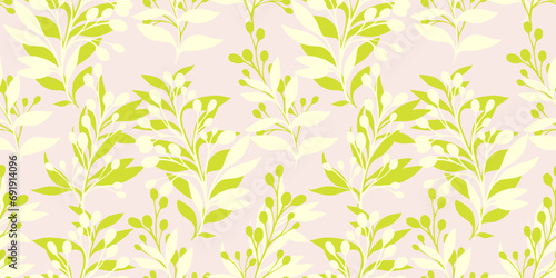 Trendy vibrant seamless pattern with green leaves and branches on a light background. Vector hand drawn sketch leaf stem shape silhouettes. Template for textile, fashion, print, surface design
