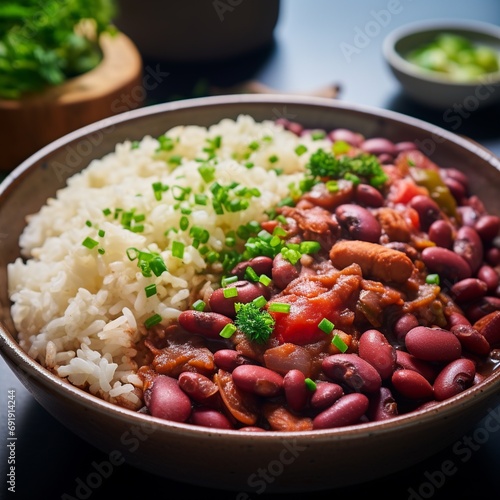 Red Beans and Rice, a soulful Southern dish, pairs slow-cooked kidney beans simmered with vegetables, spices, and pork, served over a bed of fluffy rice.