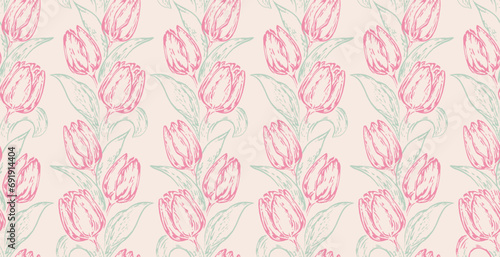 Vector hand drawn sketch silhouettes flowers tulips seamless pattern. Botanical illustration. Simple light floral print. Template for design, textile, fashion, surface design, fabric, wallpaper