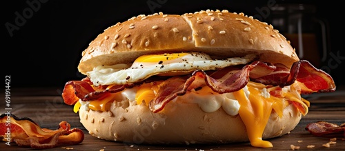 breakfast egg and bacon sandwich on bagel with cheese. Copy space image. Place for adding text photo