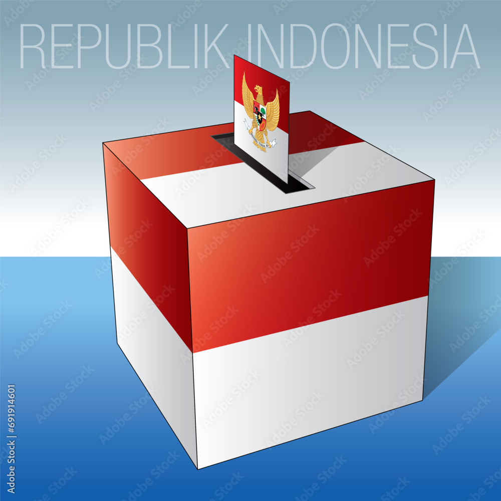 Indonesia, political elections 2024, ballot box with national symbols and flag, vector illustration Indonesia, political elections 2024, ballot box with national symbols and flag, vector illustration