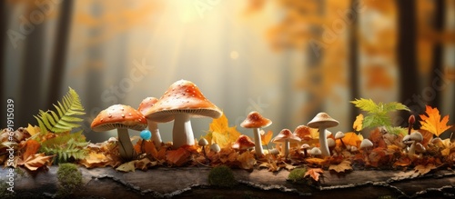 A pile of autumn mushrooms with various shapes and colors sprawled across the forest floor creating a natural work of art. Copy space image. Place for adding text photo