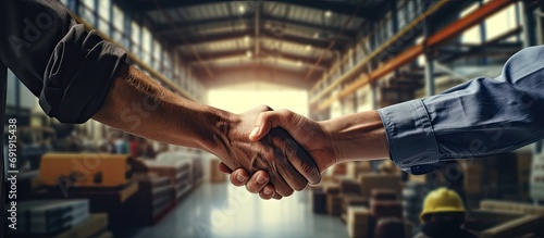 Close up hands of warehouse workers handshake for partnership in logistic center Industrial workers talking and deal for business in storehouse Working in Storage Distribution Center