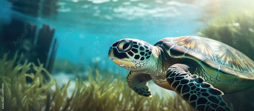 Obraz premium A Green sea turtle underwater grazing on the sea grass bed. Copy space image. Place for adding text