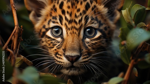 baby leopard cub hidding in the forest photo