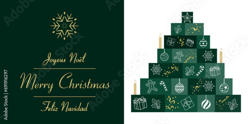 Carte pour fêter Noël avec un sapin de forme géométrique décoré de pictogrammes festifs - texte français, anglais, espagnol - traduction : joyeux Noël.