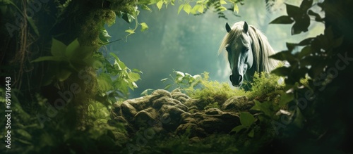 A jade horse made from clay in the leaves of an enchanted forest garden. Copy space image. Place for adding text