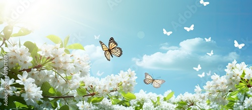 Colorful beautiful butterflies are floating on the white flowers of the green trees it looks very beautiful green nature around open sky shining sun around. Copy space image. Place for adding text © Ilgun
