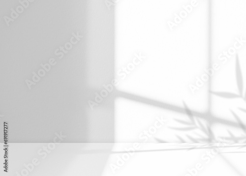Fototapeta Naklejka Na Ścianę i Meble -  Background White Wall Studio with Light,Shadow,Kitchen Room Background with Window Sunlight effect on Top Shelf,Backdrop Banner Empty Grey Cement Surface Mockup Podium Display for Product Present