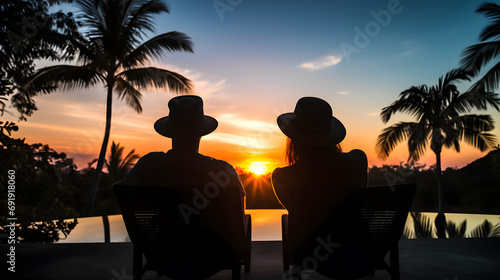 Silhouette of Couple Watching Sunset in Paradise