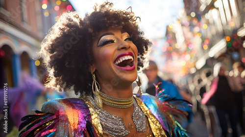 Cheerful black woman has fun on Mardi Gras street carnival while wearing a costume