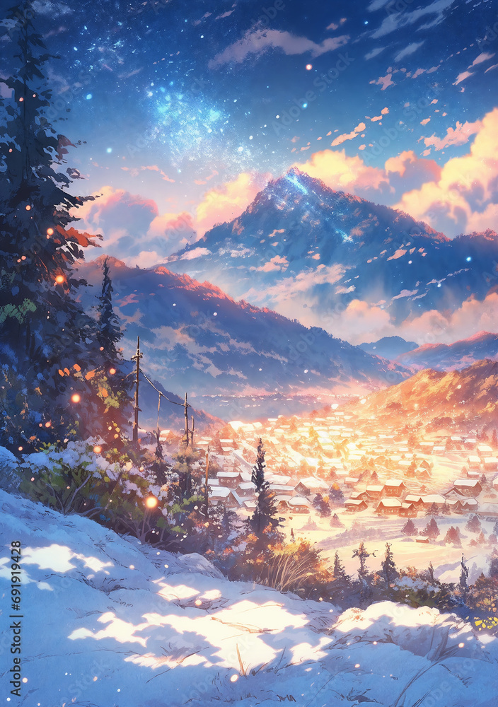 a painting of a snowy mountain with a sky background and trees in the foreground and a bright sun shining through the clouds, anime art, a detailed matte painting, fantasy art, generative ai