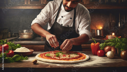 Pizza Chef happily preparing his pizza in his kitchen with the ingredients on his countertop