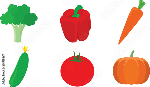 Illustration of vegetables.  Broccoli  pepper  carrot  cucumber  tomato  zucchini.