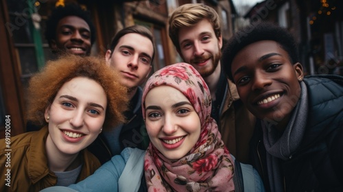 Global smiles: capturing joy in group selfies of cheerful and happy young people diverse nationalities, celebrating unity, friendship, cultural harmony in shared moments of happiness and togetherness. © Ruslan Batiuk