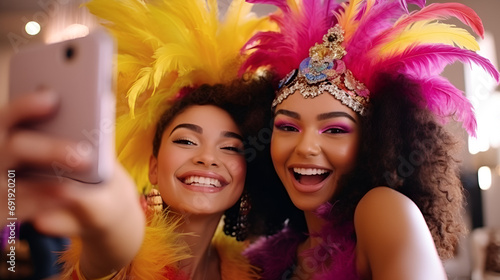 Multiracial friends in carnival costumes have fun while taking selfie and celebrating Mardi Gras at home