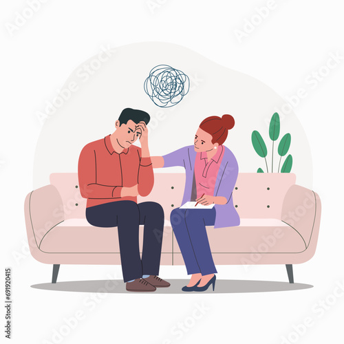 Sad man sitting with his head in his hands.Psychological support. Doldrums concept. Vector flat cartoon  illustration