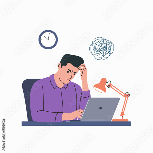 Young man with his head in his hands sit at desk from computer. Vector flat style cartoon  illustration