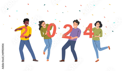 Holiday vector concept illustration in flat style. 2024 text. People hold numbers.