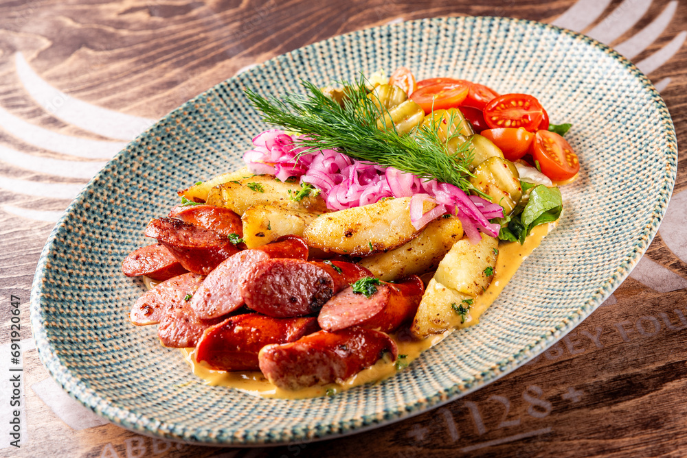 Potatoes with sausages and vegetables, cut into slices and fried in oil on plate Potatoes with sausages and vegetables, cut into slices and fried in oil on plate