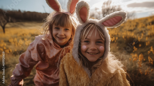 candid little girls in bunny suits portrait. isolated on pink background