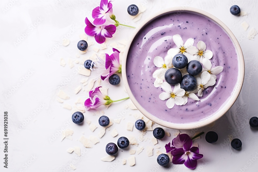 Nutritious acai bowl topped with fresh blueberries, with vibrant pink flowers. Healthy eating concept, minimalist aesthetic. Flat lay photo. Design for banner, poster, background Nutritious acai bowl topped with fresh blueberries, with vibrant pink flowers. Healthy eating concept, minimalist aesthetic. Flat lay photo. Design for banner, poster, background