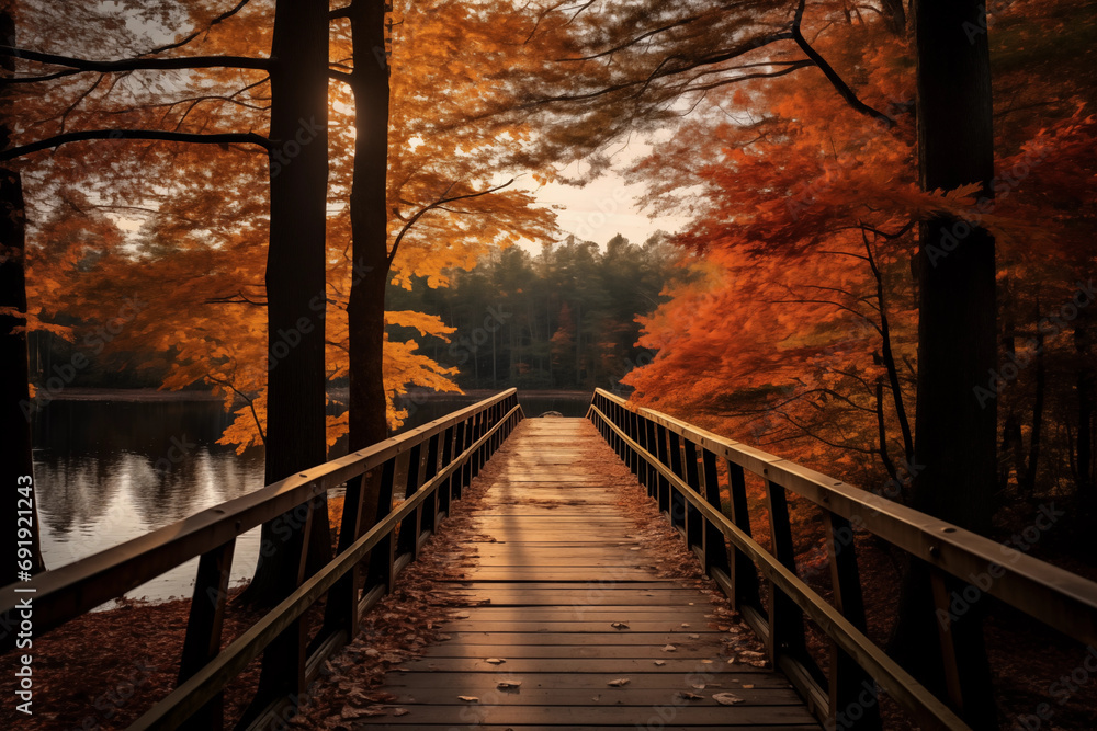 Autumn - Old bridge in autumn misty park Autumn - Old bridge in autumn misty park