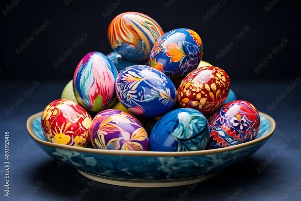 Vibrant Multi-Colored Easter Eggs Arranged on a Decorative Plate Vibrant Multi-Colored Easter Eggs Arranged on a Decorative Plate