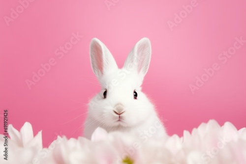 Cute White Rabbit Sitting in Front of Pink Background Easter Concept Copy Space