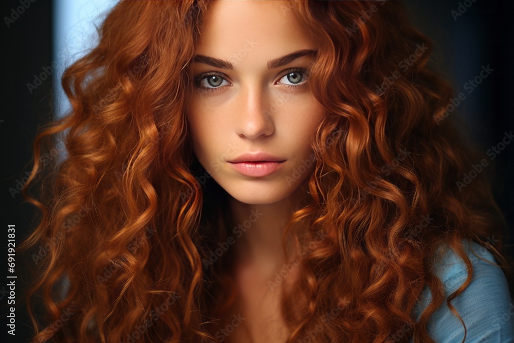 Young woman has beautiful eyes and long, beautiful gold ginger curly hair. Perfect nose, soft smile, round cheeks