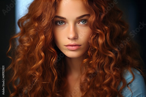 Young woman has beautiful eyes and long, beautiful gold ginger curly hair. Perfect nose, soft smile, round cheeks