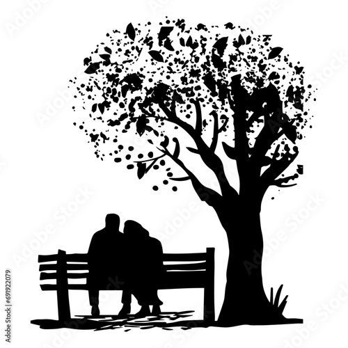 Romantic couple sitting on a bench under a tree. Silhouette vector illustration.